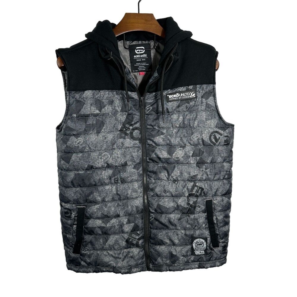 ECKO UNLTD Grey Black‎ Camo Sleeveless Hoodie Bomber Puffer Vest Jacket Coat Y2K